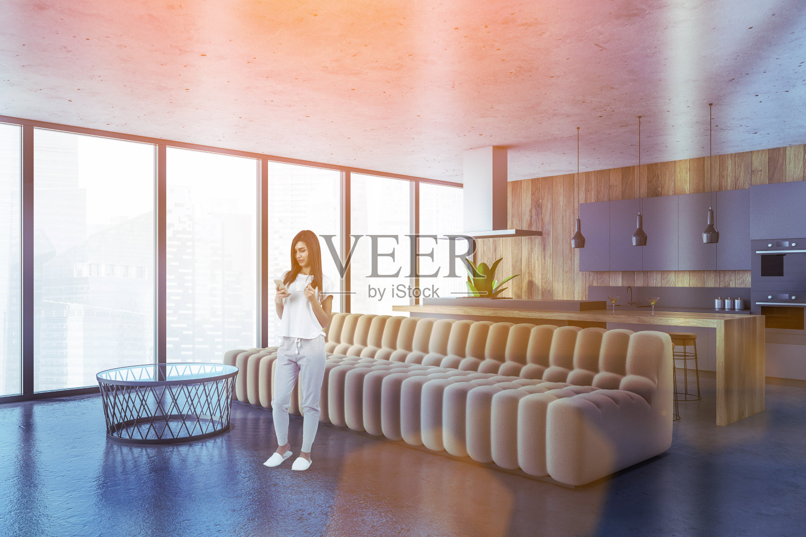 厨房里有女人用家具和窗户和沙发，镜头照明弹照片摄影图片