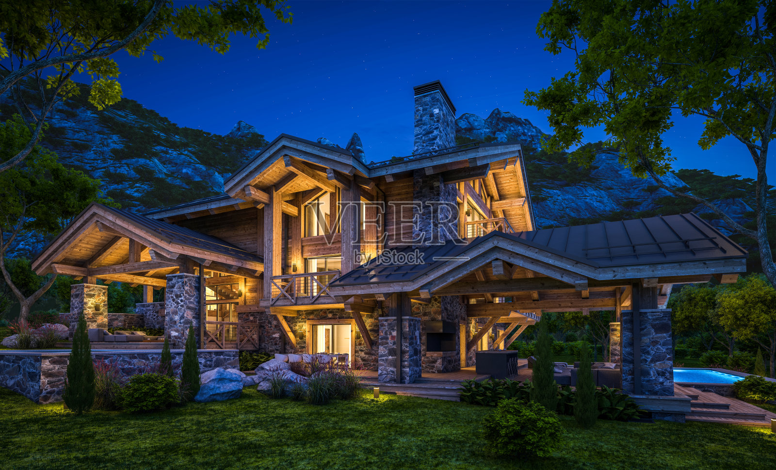 夜晚现代舒适小木屋3D渲染效果图照片摄影图片