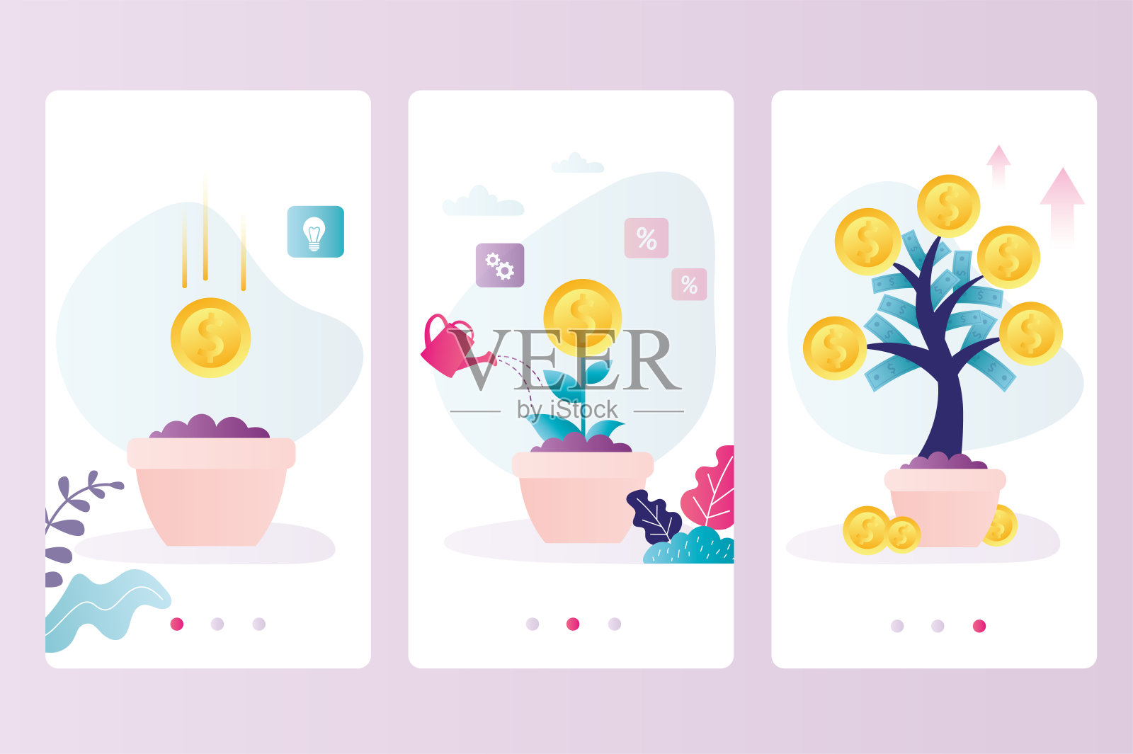 钱树的生长过程分三个阶段。金融增长的概念，资金和投资在成功的未来插画图片素材