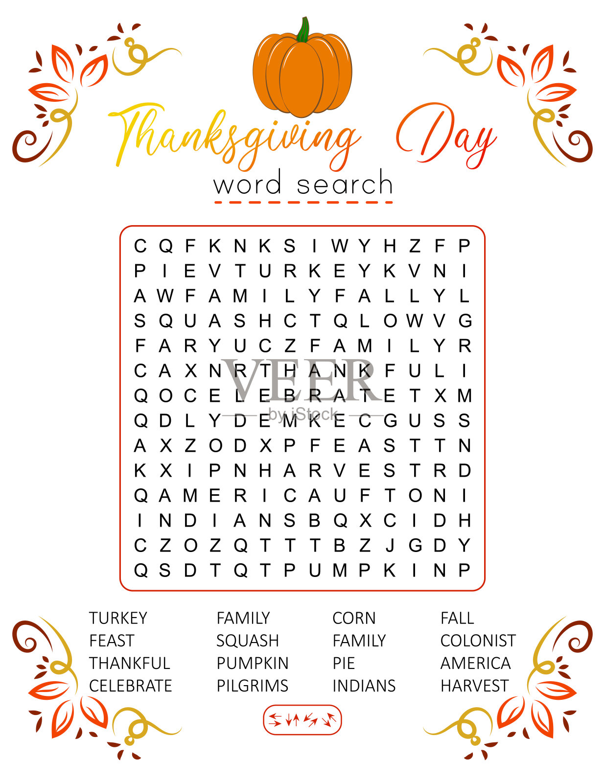 感恩节单词搜索谜题。学习英语单词的逻辑游戏。节日喜庆的填字游戏。打印活动板。插画图片素材