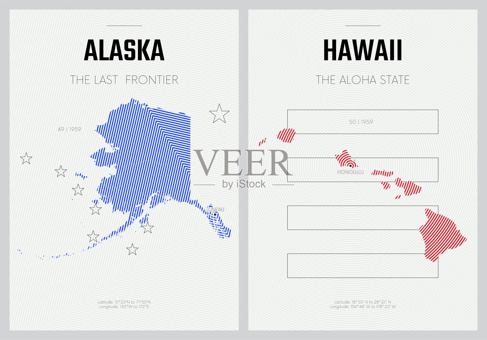 矢量海报用抽象的线性模式的美国州的详细轮廓地图，分部太平洋-阿拉斯加，夏威夷- 17集17插画图片素材