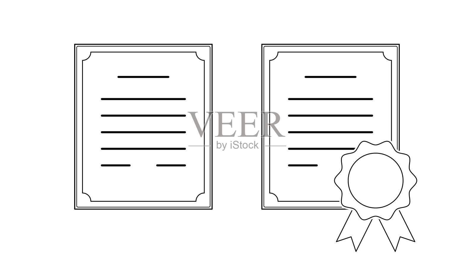 细描概述专业证书图标与奖章。矢量eps 10插图标志。平面纸学校文凭，保证和授予资格奖励标志。插画图片素材