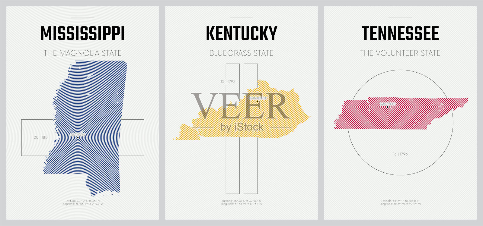 矢量海报详细的轮廓地图的美国州与抽象的线性模式，分部东南方中央-密西西比州，肯塔基州，田纳西州-集11的17设计模板素材