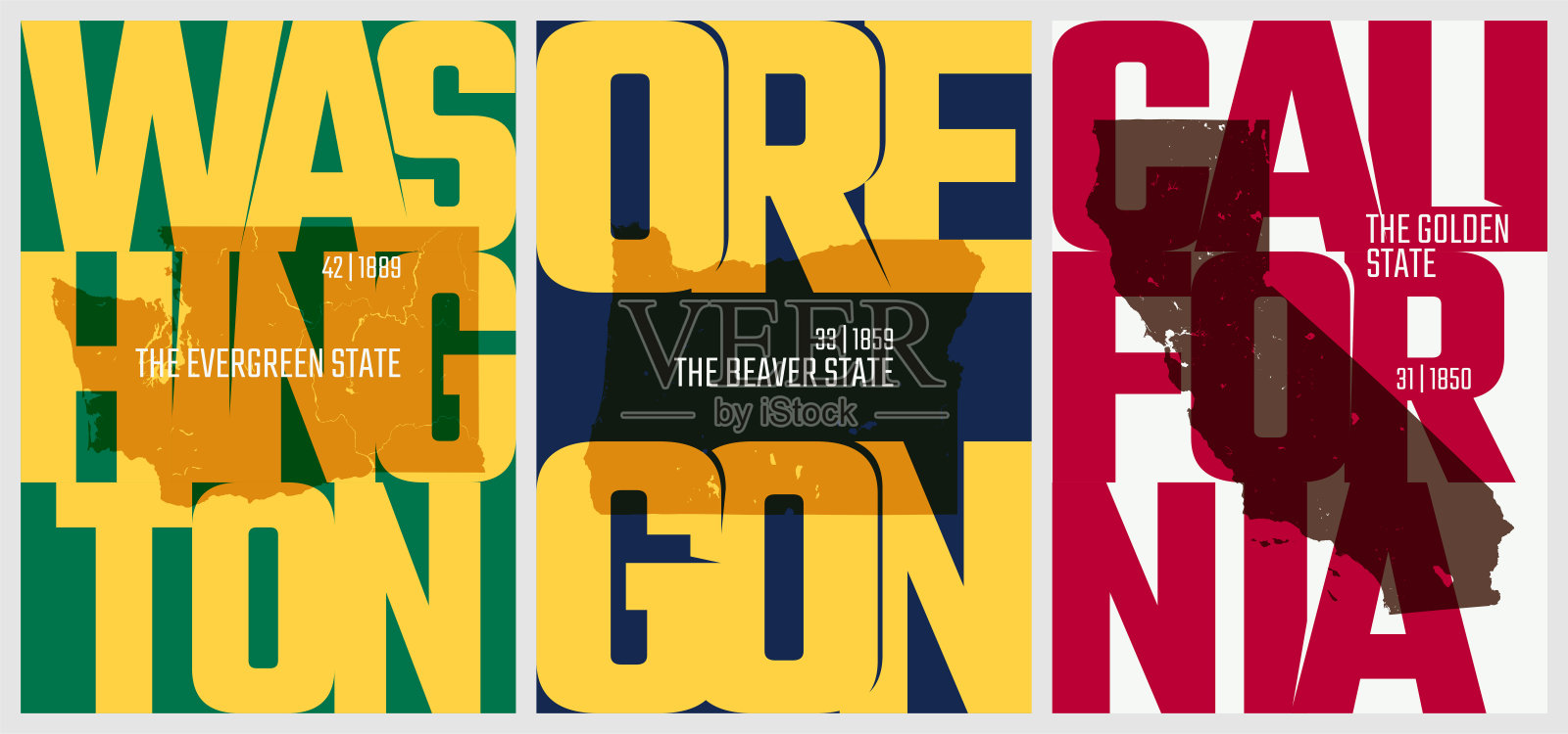 矢量海报上有美国各州的名字、昵称、入联日期、太平洋区——华盛顿州、俄勒冈州、加利福尼亚州——设16名，共17名插画图片素材