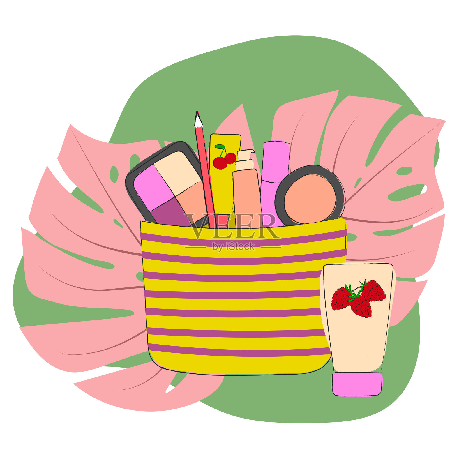 化妆品和化妆品。化妆品美容元素与粉红色的叶子的背景插画图片素材