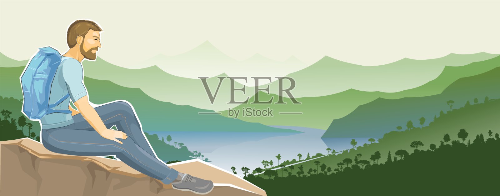 男人坐在悬崖边的石头上休息，背包徒步者欣赏风景，扁平风格矢量插画插画图片素材