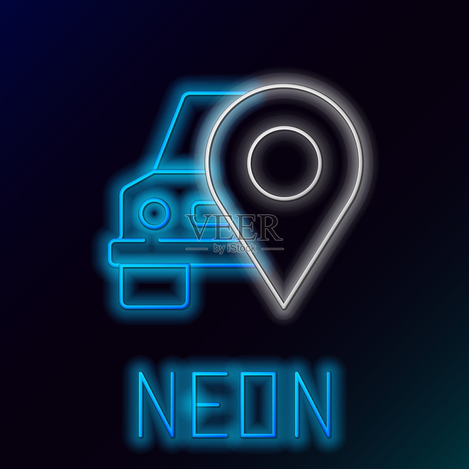 发光的霓虹线地图指针与出租车图标插画图片素材