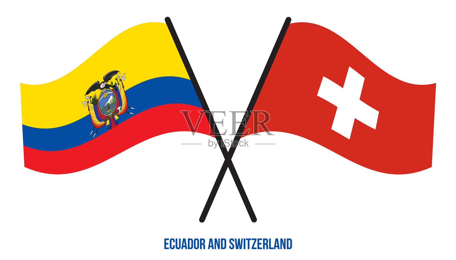 厄瓜多尔和瑞士的国旗交叉飘扬插画图片素材