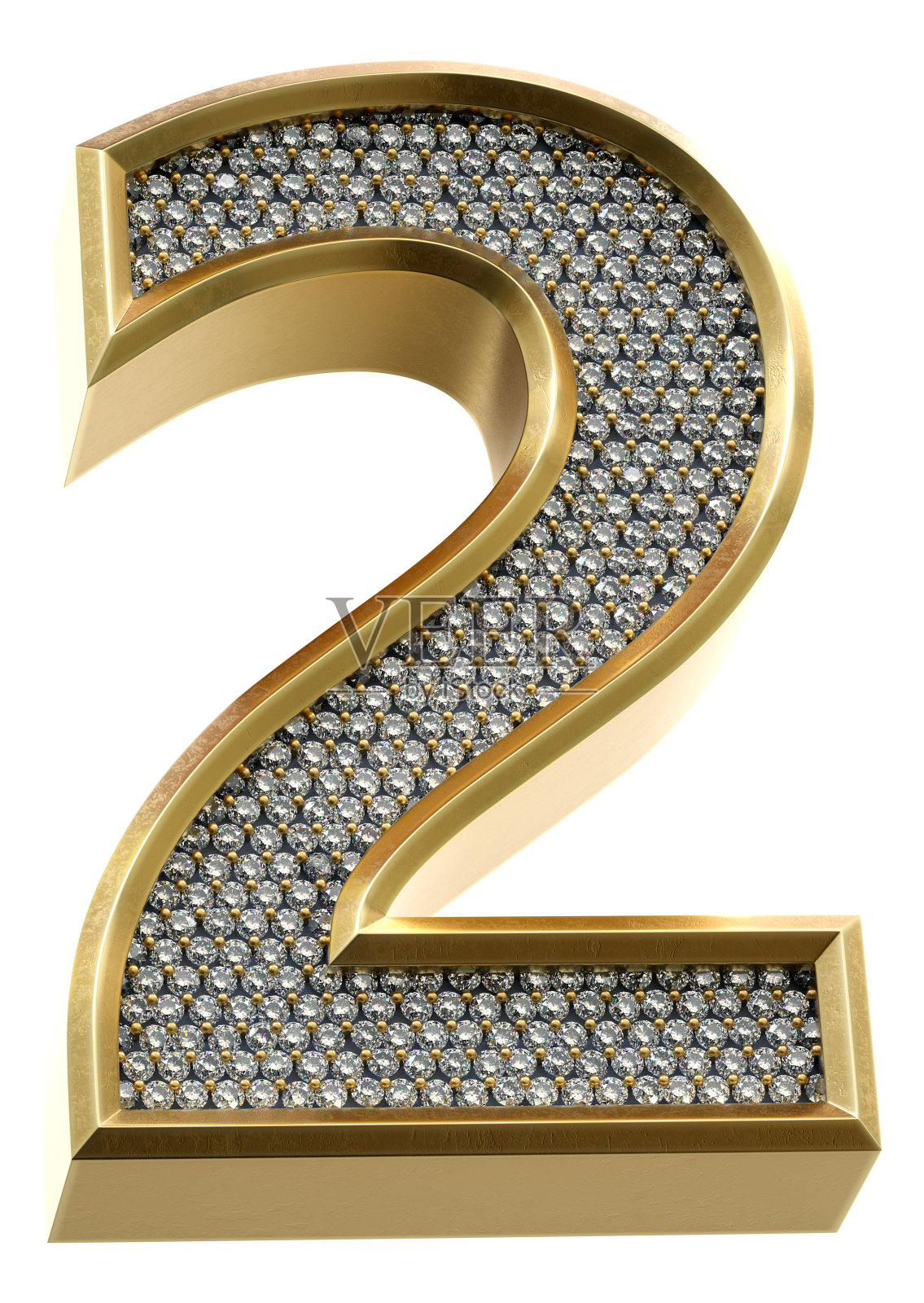 奢华的金色字母与钻石。2号在白色背景上被隔离。3 d渲染图像。照片摄影图片