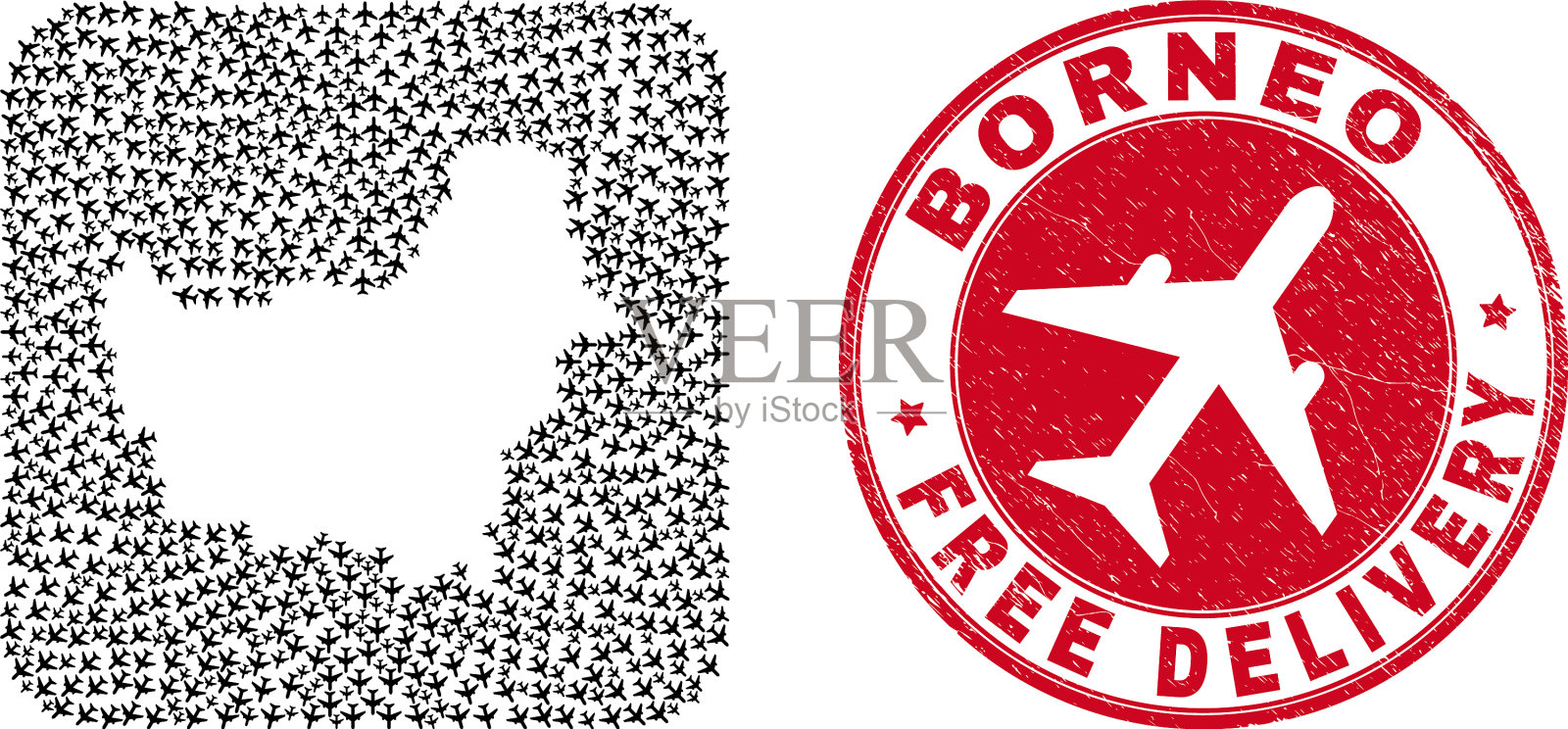 免费派送刮花邮票及婆罗洲地图插画图片素材