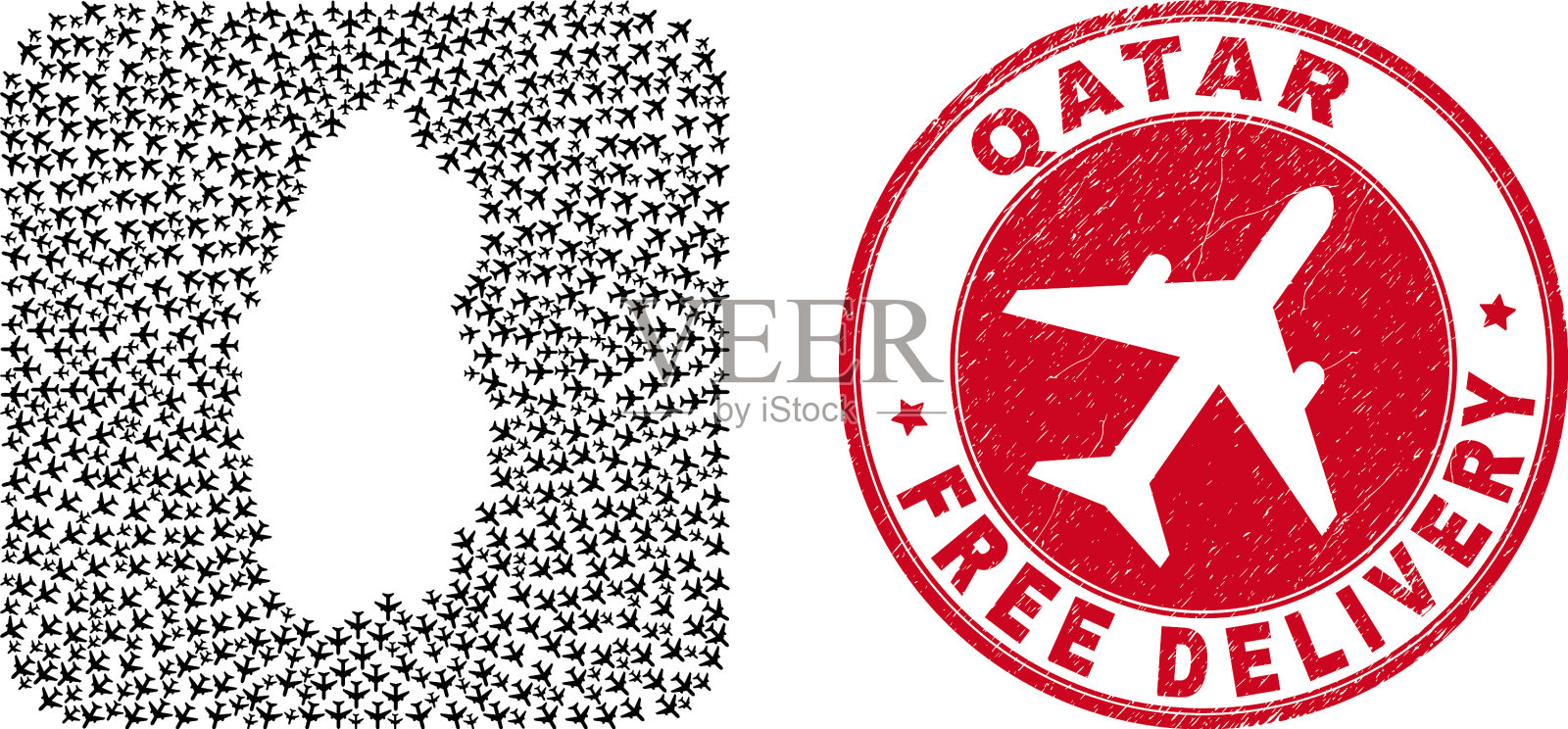 免费递送垃圾邮票印章和卡塔尔地图空气插画图片素材