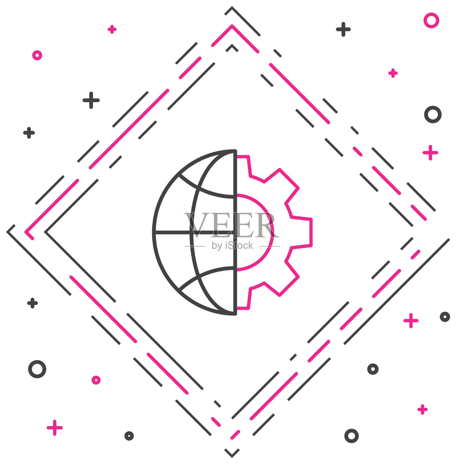 给地球仪、地球和齿轮或齿轮图标画线插画图片素材