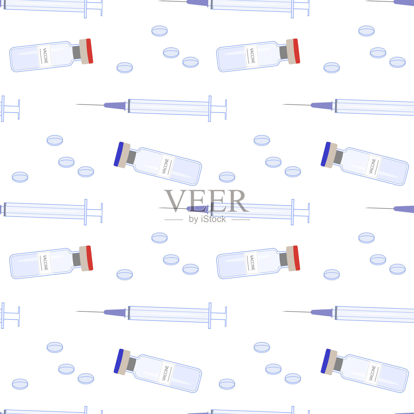 医用安瓿和注射器。无缝的白色背景。疫苗、注射器、药片。插画图片素材