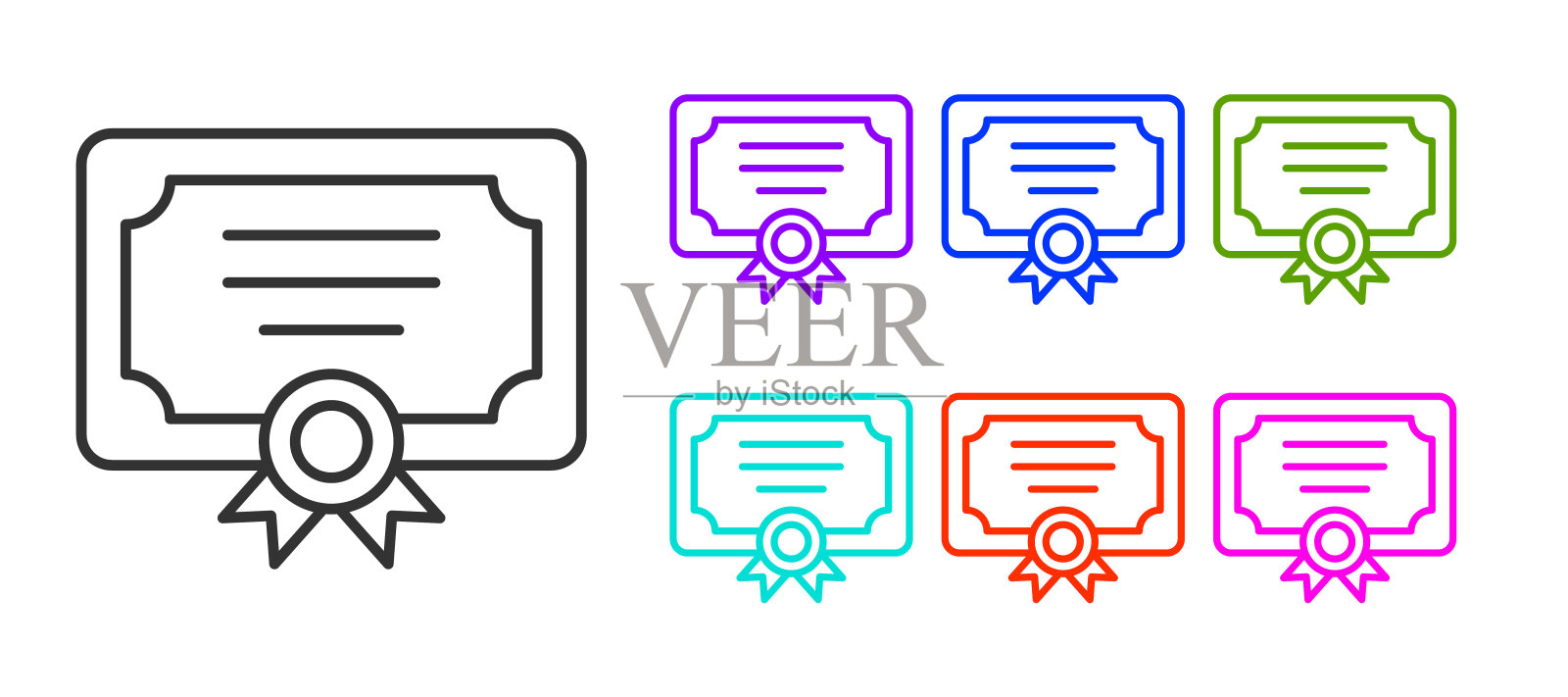 黑线证书模板图标隔离在白色背景上。成就，奖励，学位，授予，文凭概念。设置图标丰富多彩。向量插画图片素材