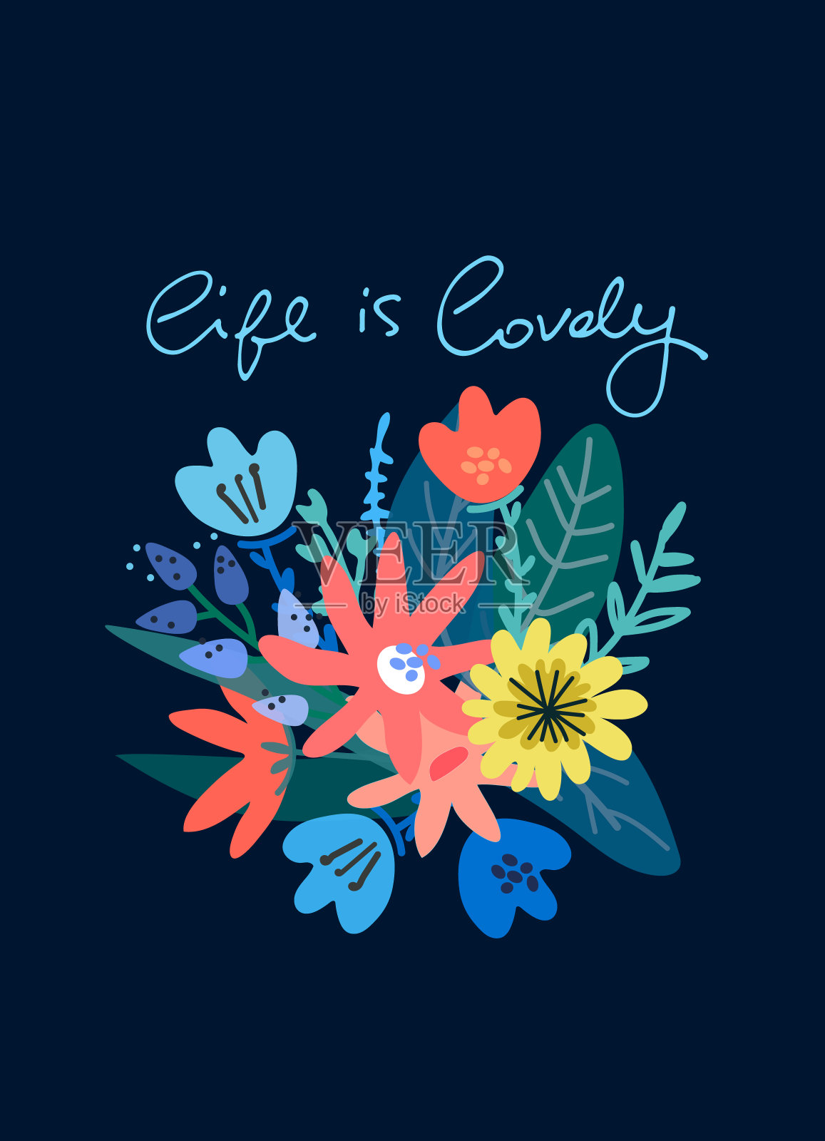 生活是可爱的矢量设计的卡片，社交媒体，版画，墙壁艺术。用一束鲜花装饰的手写字体插画图片素材
