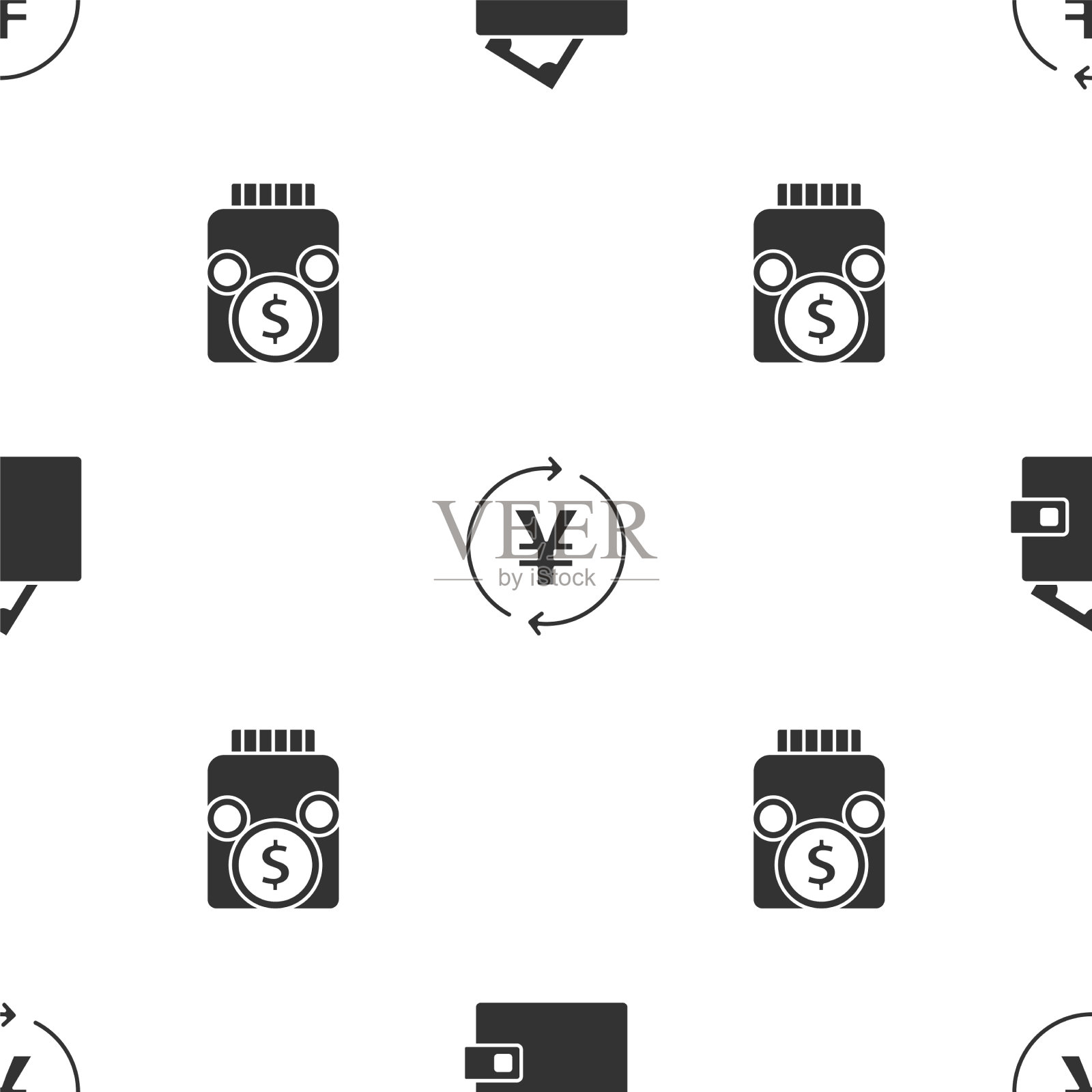 设置钱包与货币硬币日元和玻璃罐硬币图标素材