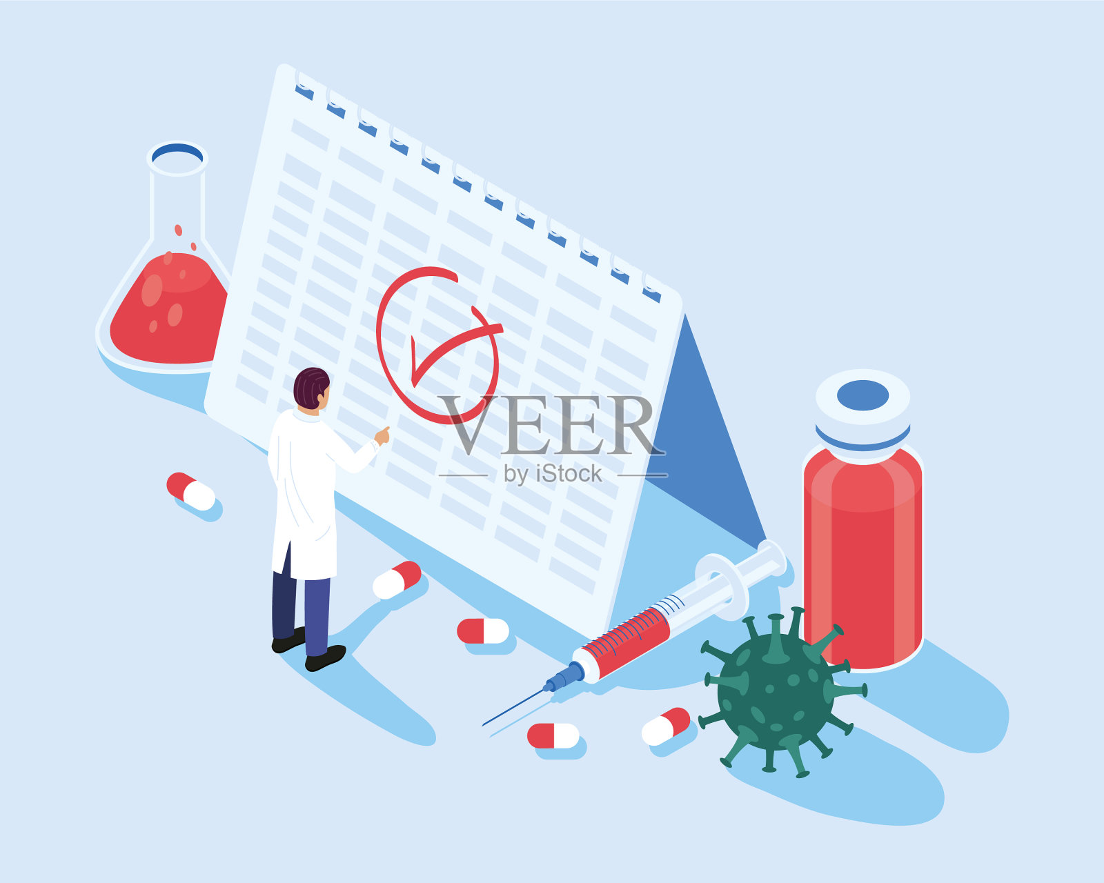 医生日历和疫苗等距图标插画图片素材