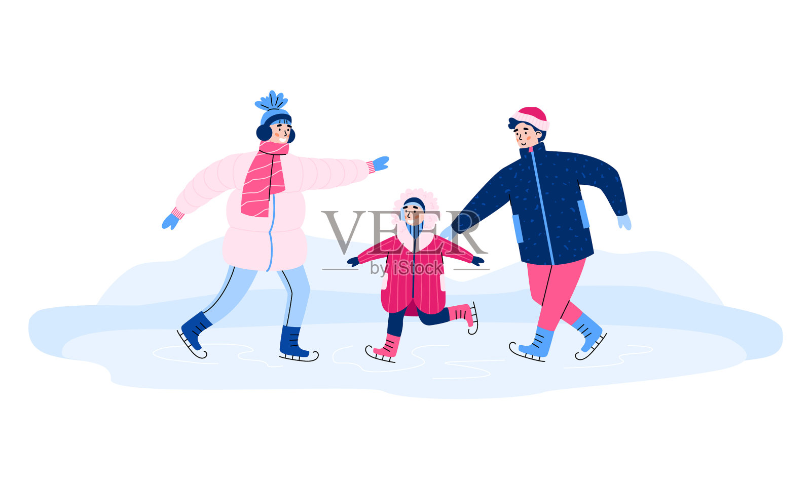 家庭与孩子滑冰在溜冰场卡通设计元素图片