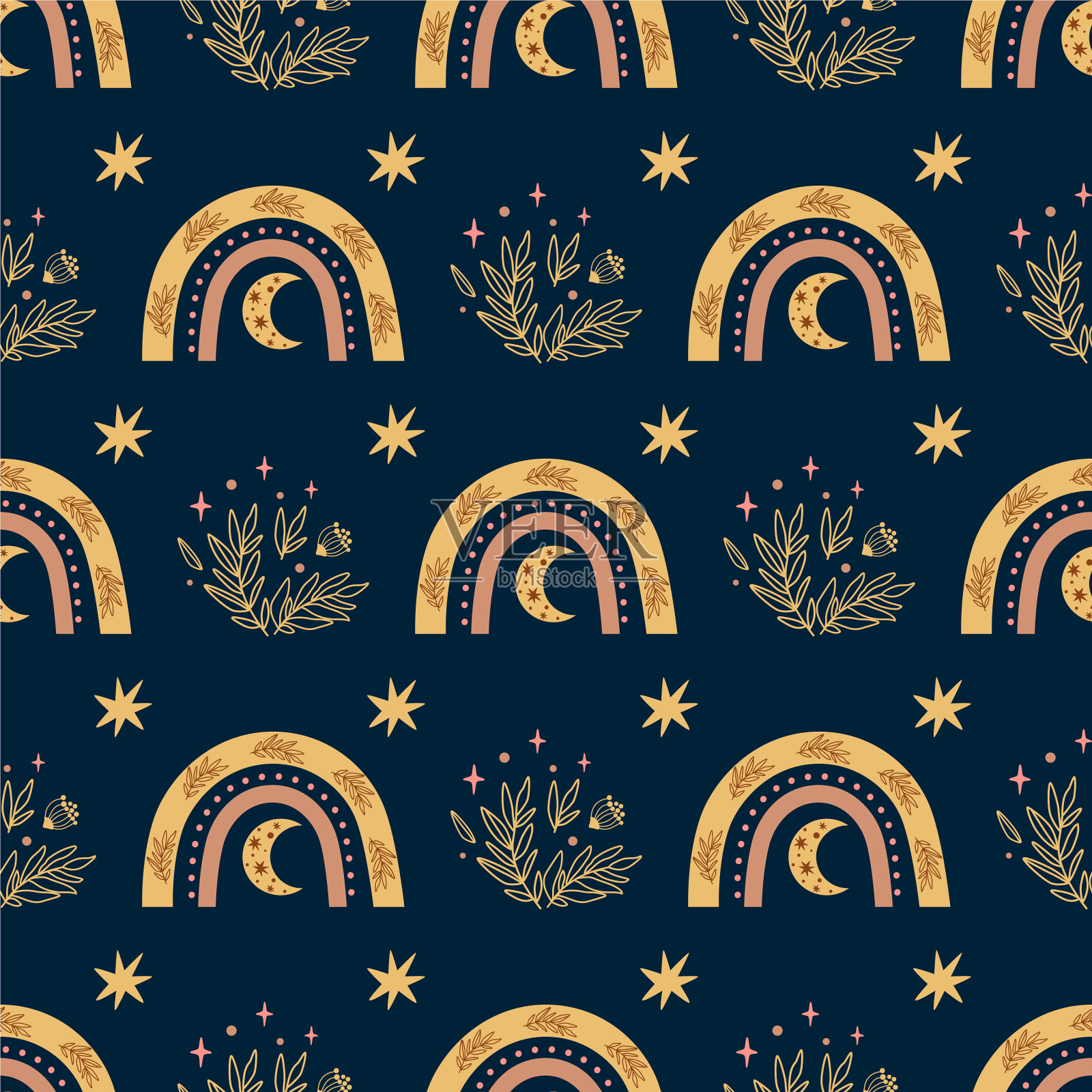 甜蜜的梦图案夜晚时分波希米亚彩虹月亮插画图片素材