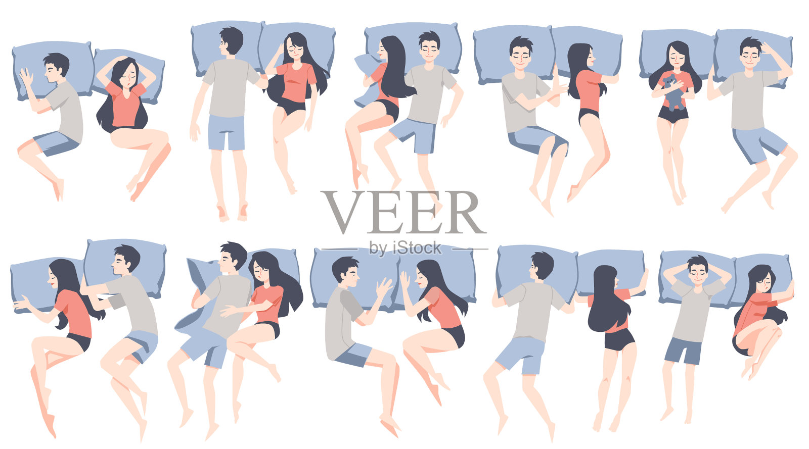 晚上摆姿势睡觉的夫妇躺在舒适的床上插画图片素材