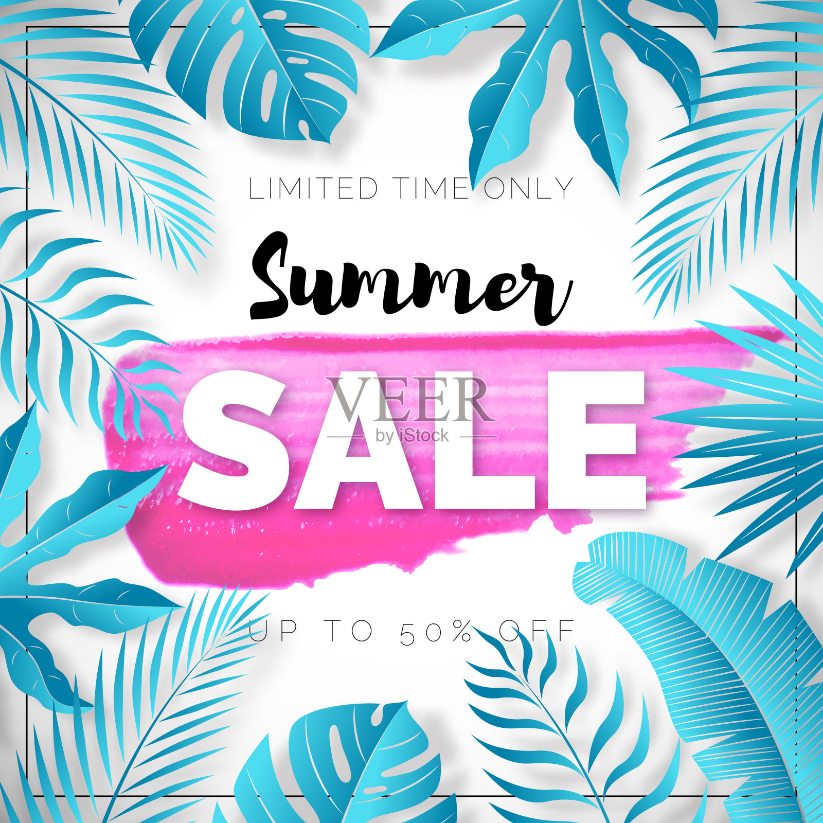 夏季销售带有热带树叶的异国情调横幅插画图片素材