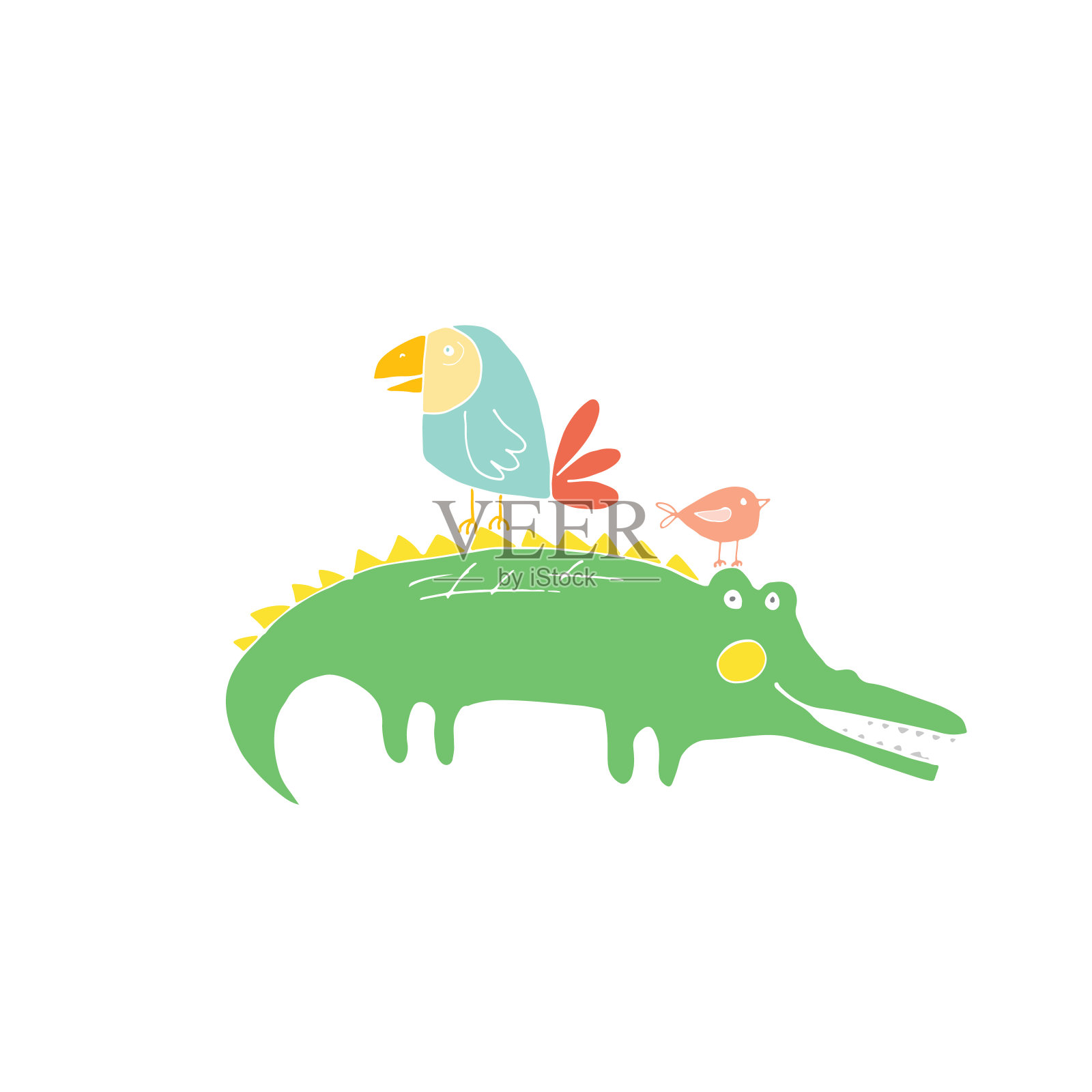 可爱的鳄鱼或短吻鳄和鸟类卡通动物，婴儿和儿童打印设计矢量插图插画图片素材
