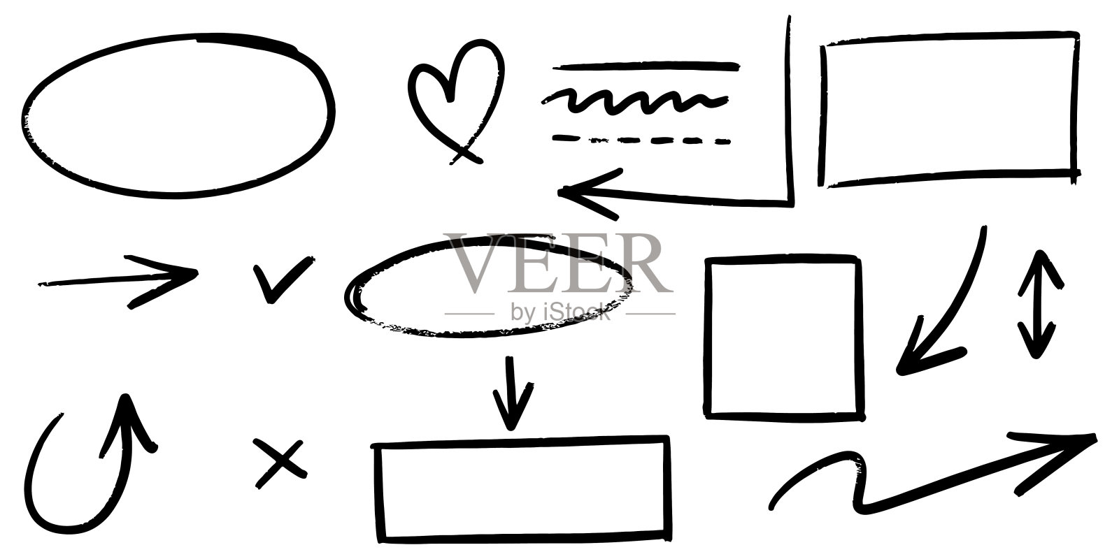 涂鸦线，箭头，圆和曲线矢量。手绘设计元素孤立在白色背景的信息图。矢量插图。插画图片素材