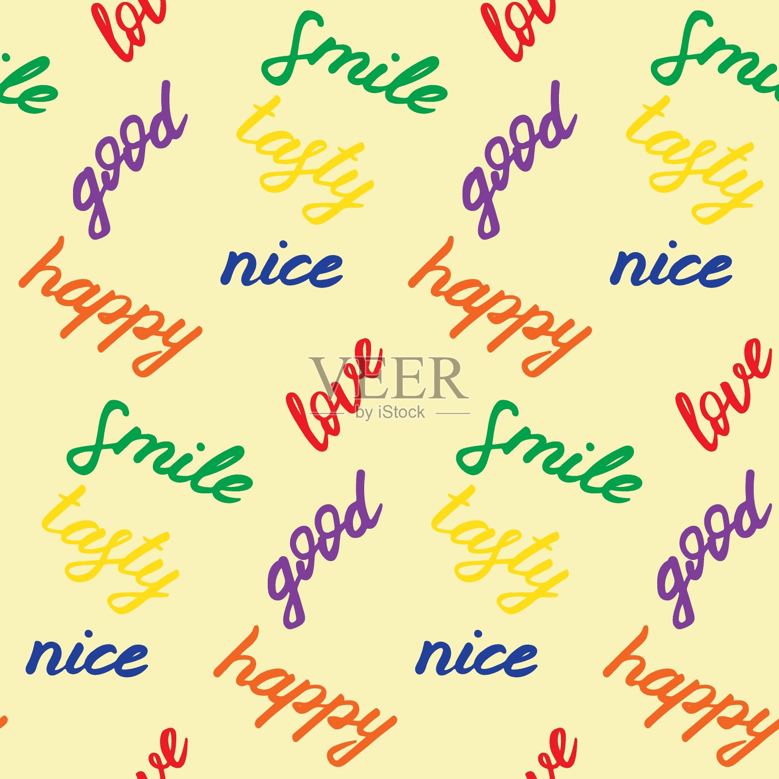 无缝模式与手绘积极的话。黄色板上的色彩元素。Nice, happy, good, tasty, smile and love words。服装，纺织品，包装纸，网的灵感印花插画图片素材