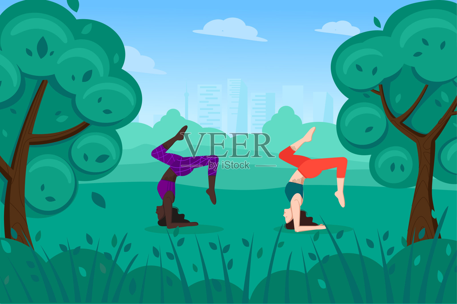 在公园里练习瑜伽。插画图片素材