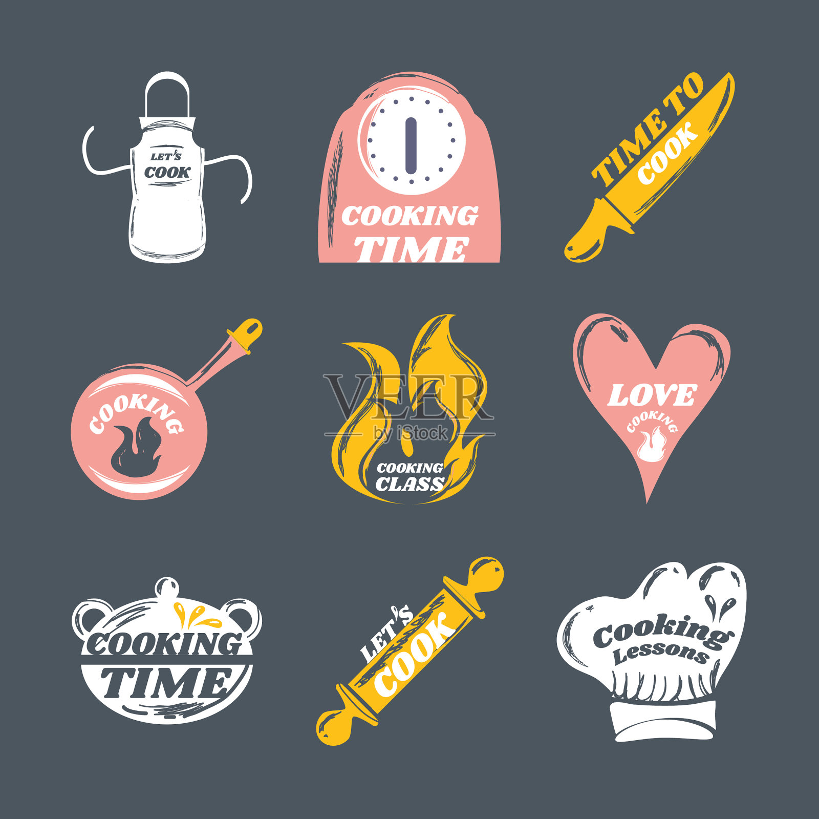 设置烹饪围裙图标滚动大头针帽子厨师和插画图片素材