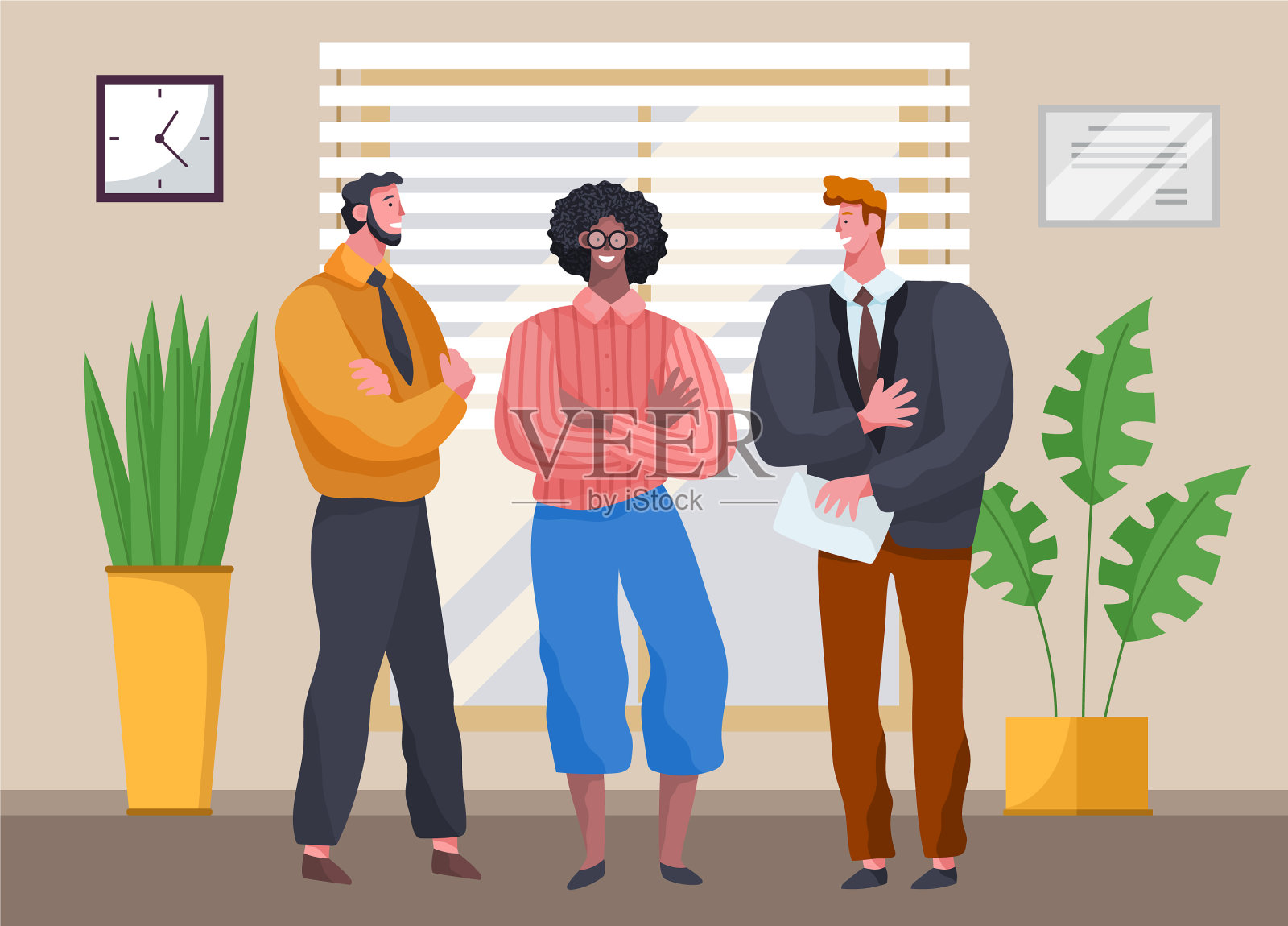 三个商人站在办公室享受着插画图片素材