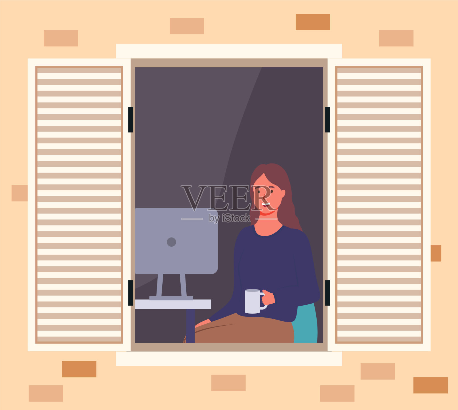 坐在电脑旁边的女孩向窗外看插画图片素材