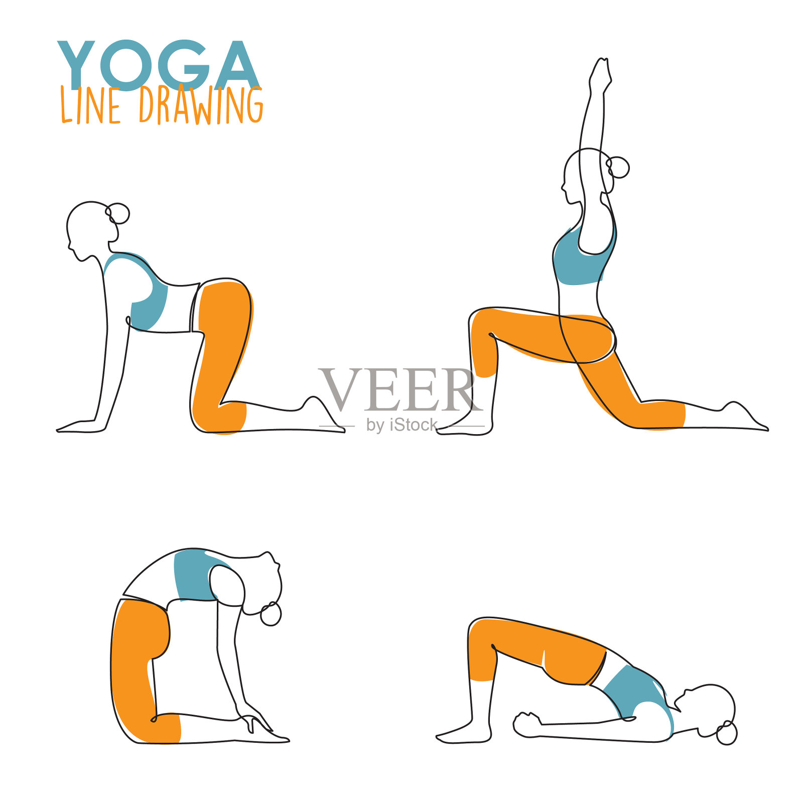 连续线条画女人瑜伽姿势插画图片素材