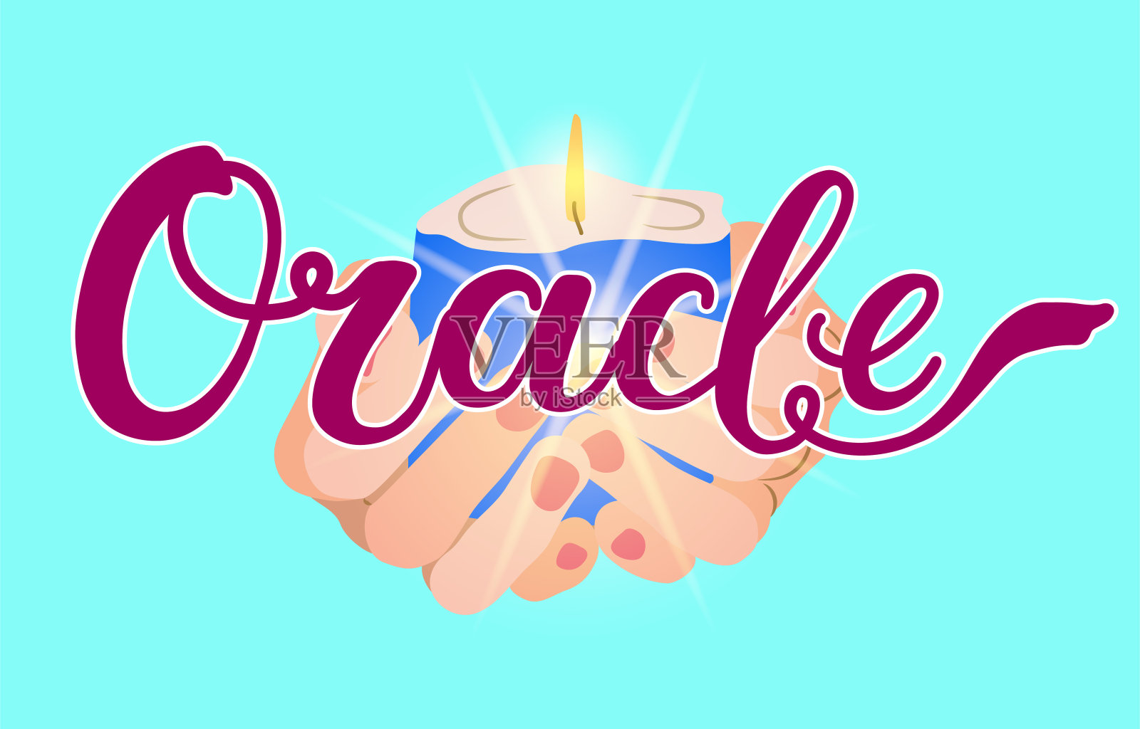 甲骨文手写体红字薄文本排版字母和书法短语孤立在蓝色背景。矢量插图。蜡烛。插画图片素材