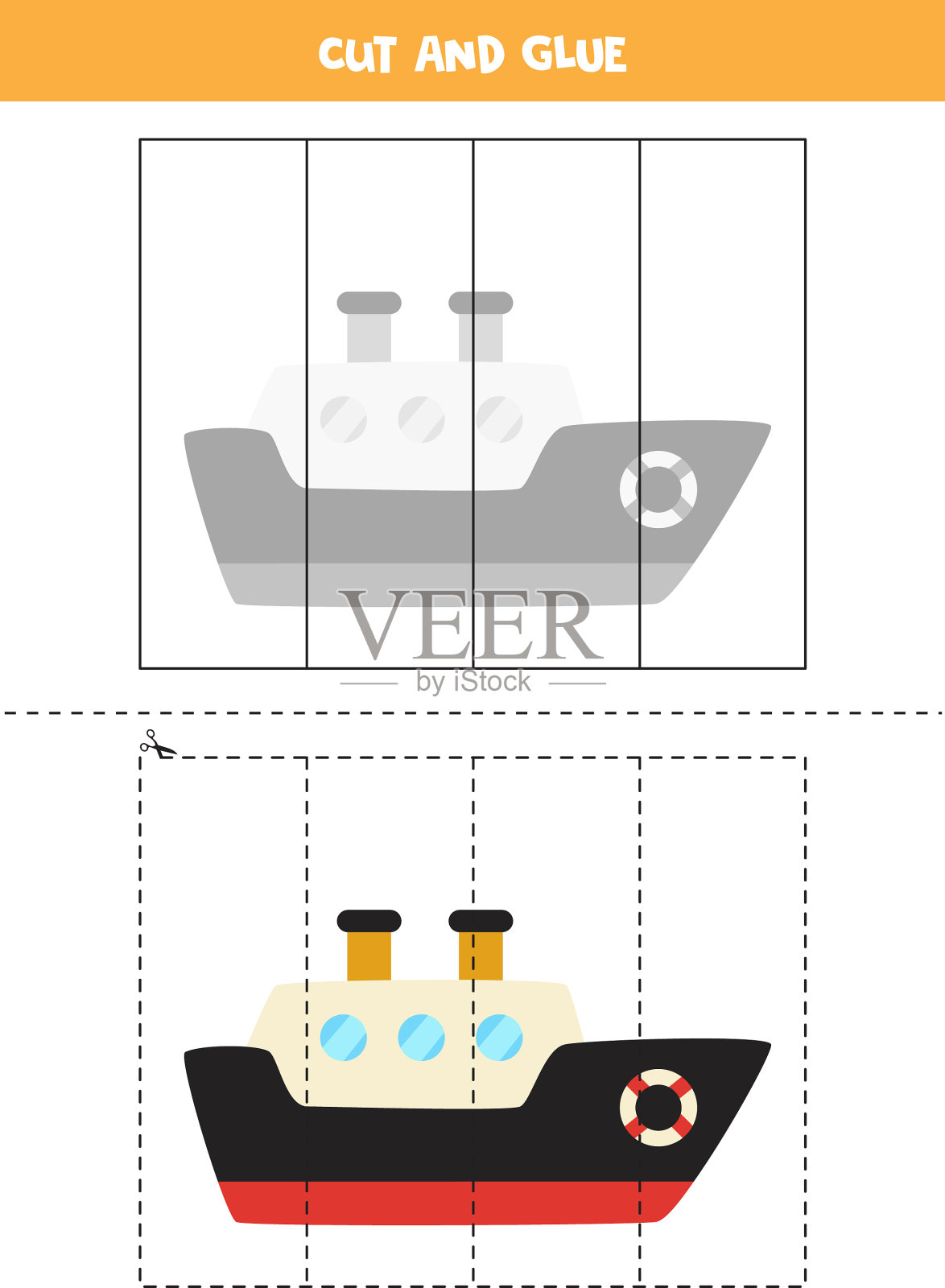 剪切和胶水游戏的孩子卡通船插画图片素材
