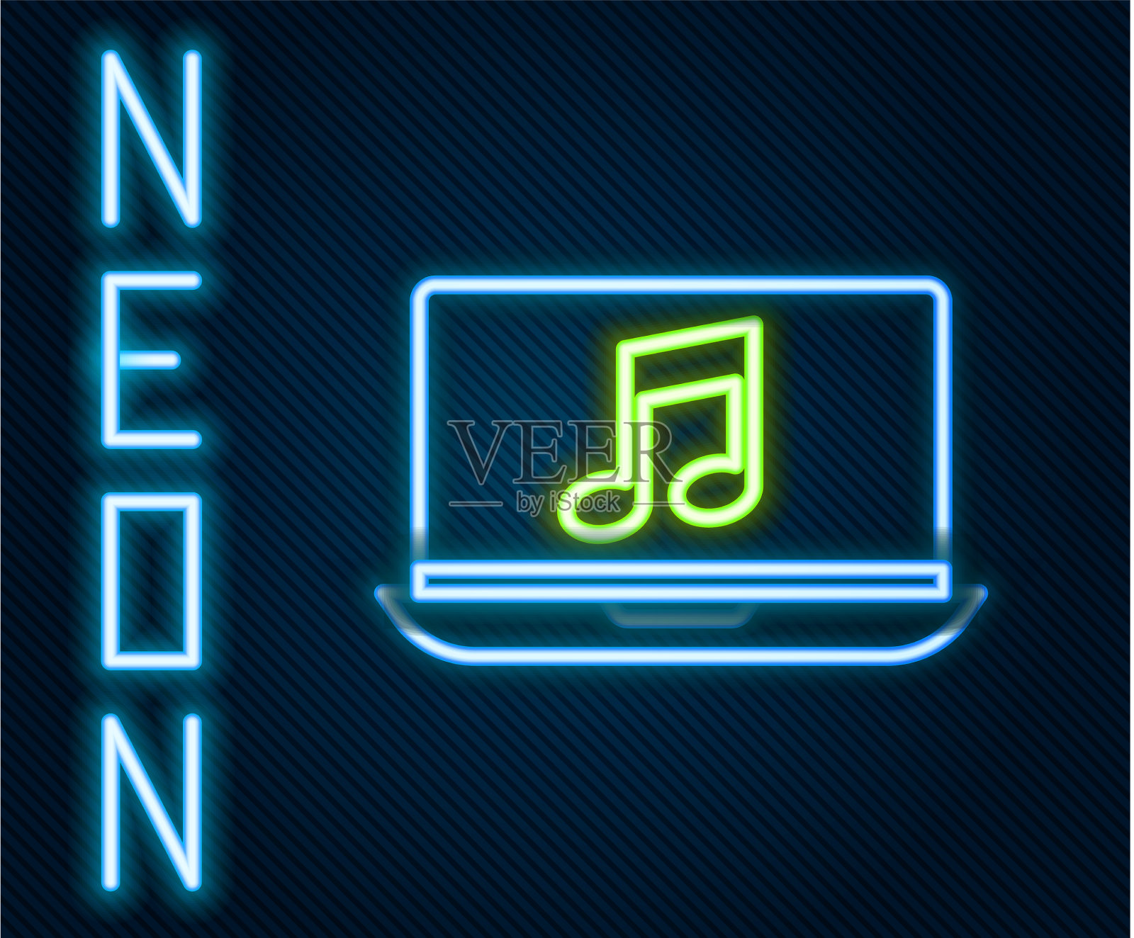 发光的霓虹灯线笔记本电脑与音乐音符符号插画图片素材