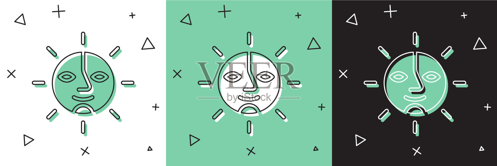 设置太阳图标孤立在白色和绿色黑色图标素材