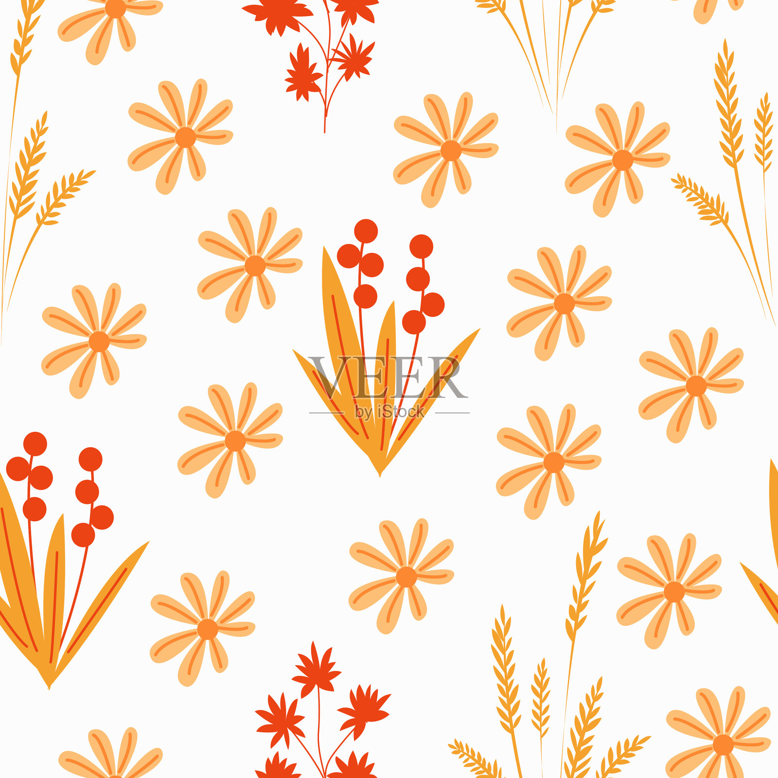 橙色草和红色浆果的无缝图案插画图片素材