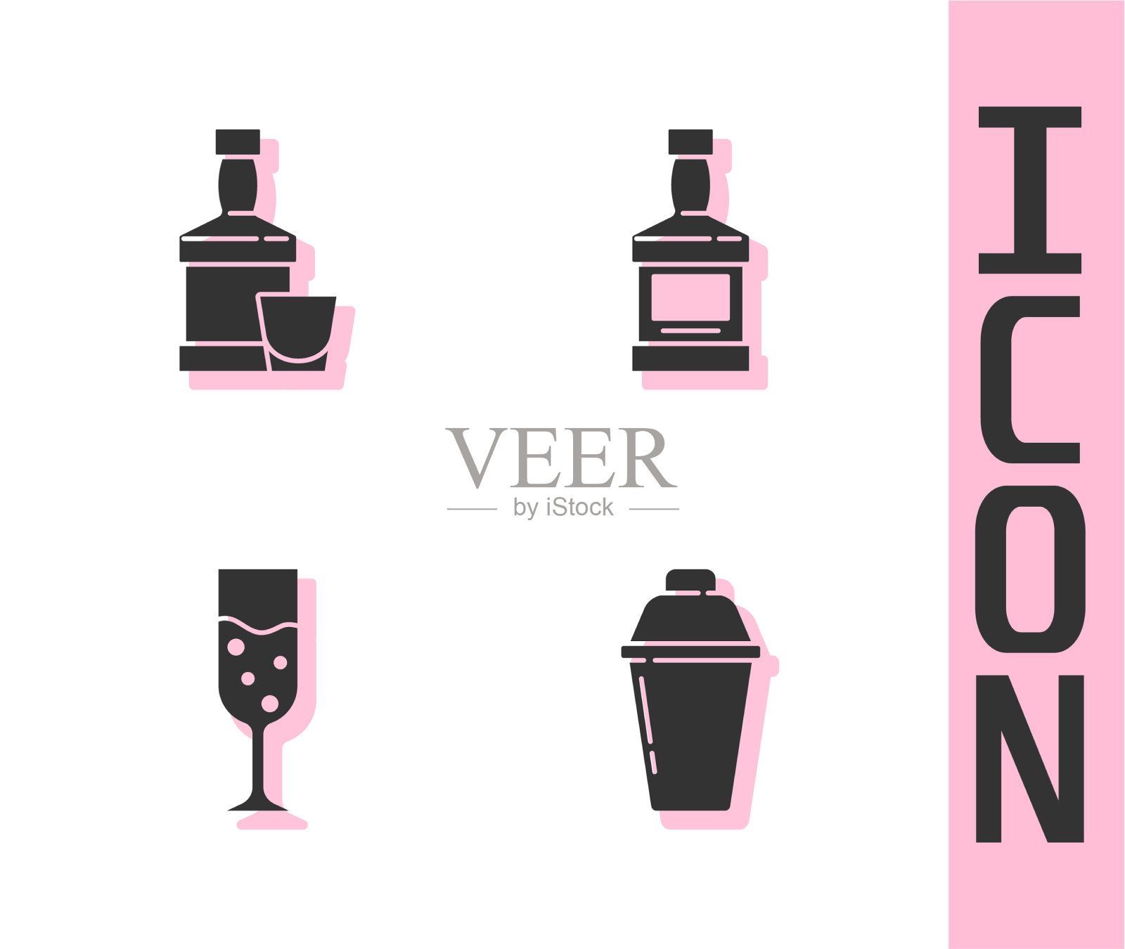 设置鸡尾酒调酒器，威士忌酒瓶和玻璃杯图标素材