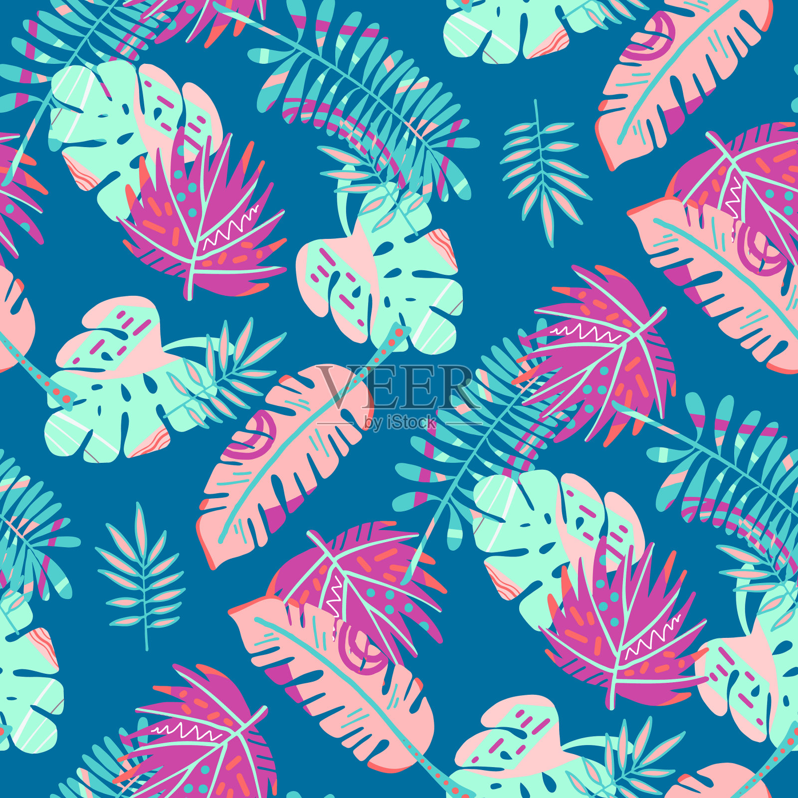 手绘无缝模式与热带树叶插画图片素材
