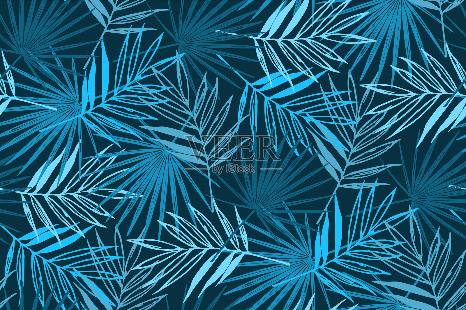 蓝色热带无缝图案与棕榈叶插画图片素材