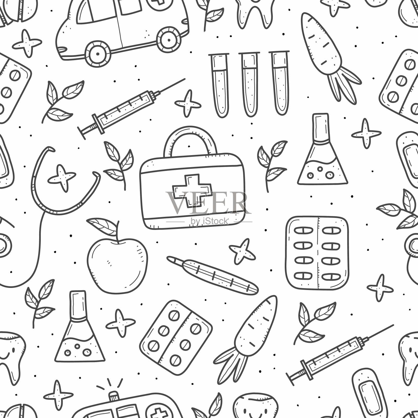 无缝模式的医疗项目在涂鸦风格，温度计，注射器，烧瓶，药丸，维生素，救护车。轮廓涂鸦插图孤立的背景插画图片素材