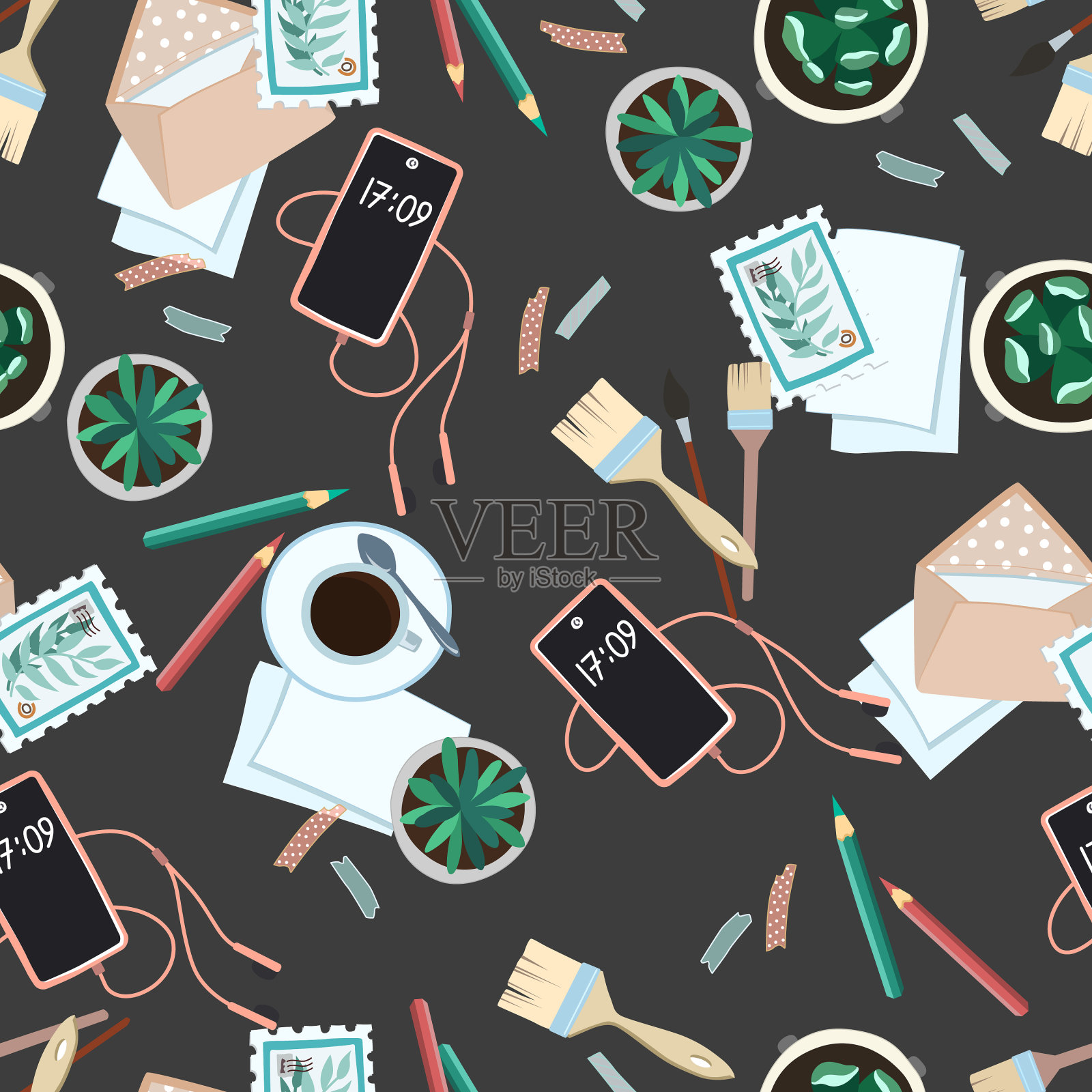 无缝背景用仙人掌和一杯插画图片素材