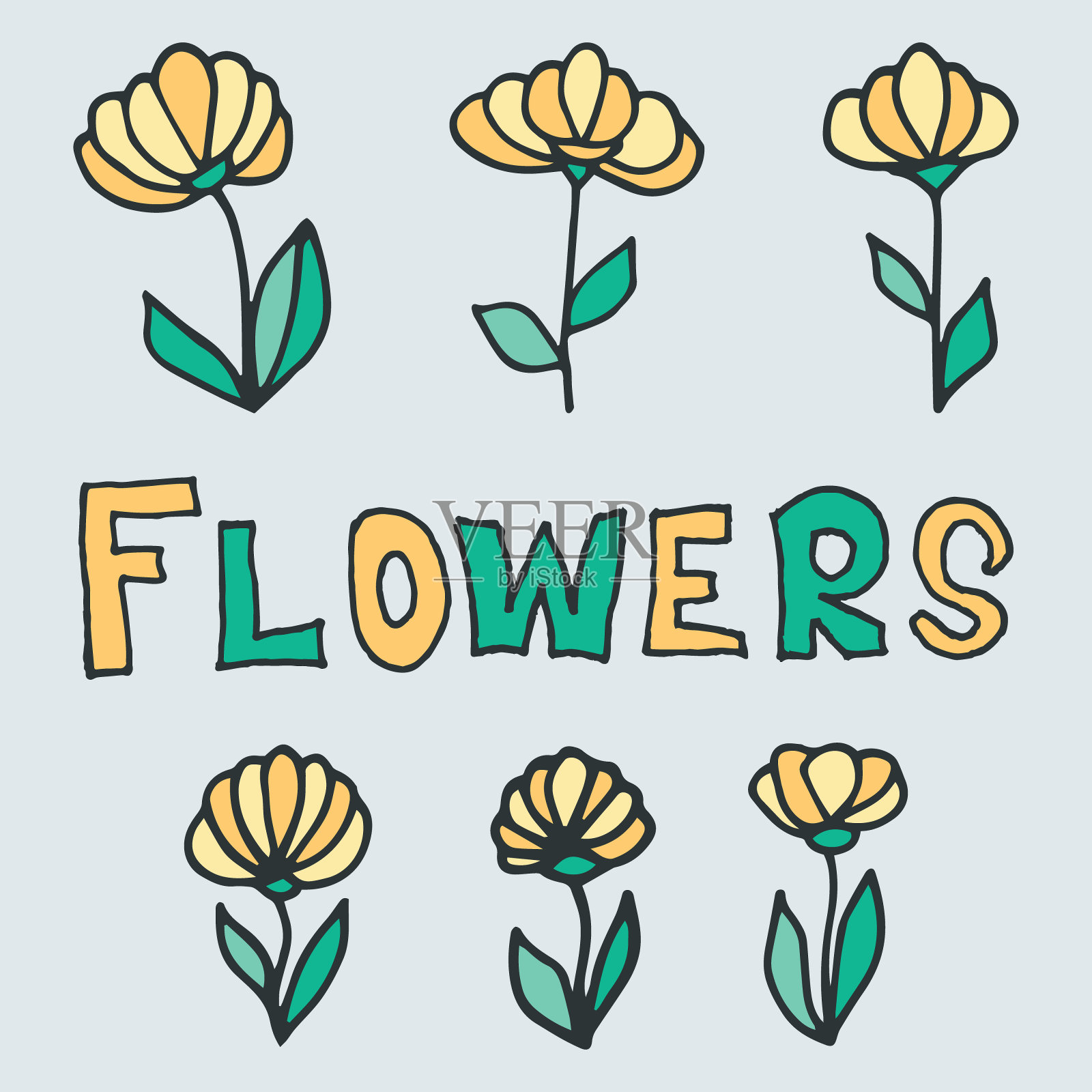 花和叶子。绿色，灰色和黄色。色彩鲜艳的花卉。灰色轮廓，多色手绘元素。柔和的音调。刻字。插画图片素材