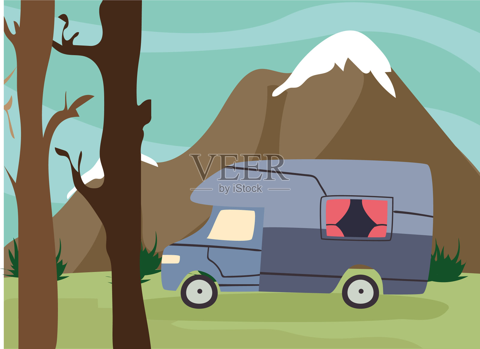 前面山上的紫色野营拖车插画图片素材