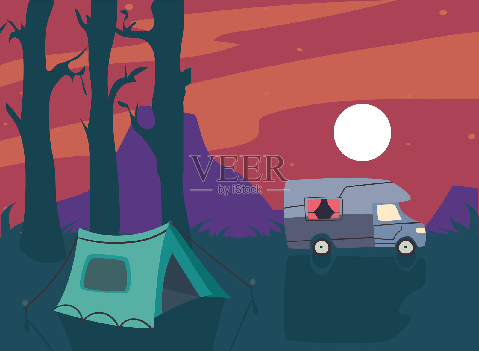 晚上是紫色的野营拖车和帐篷插画图片素材