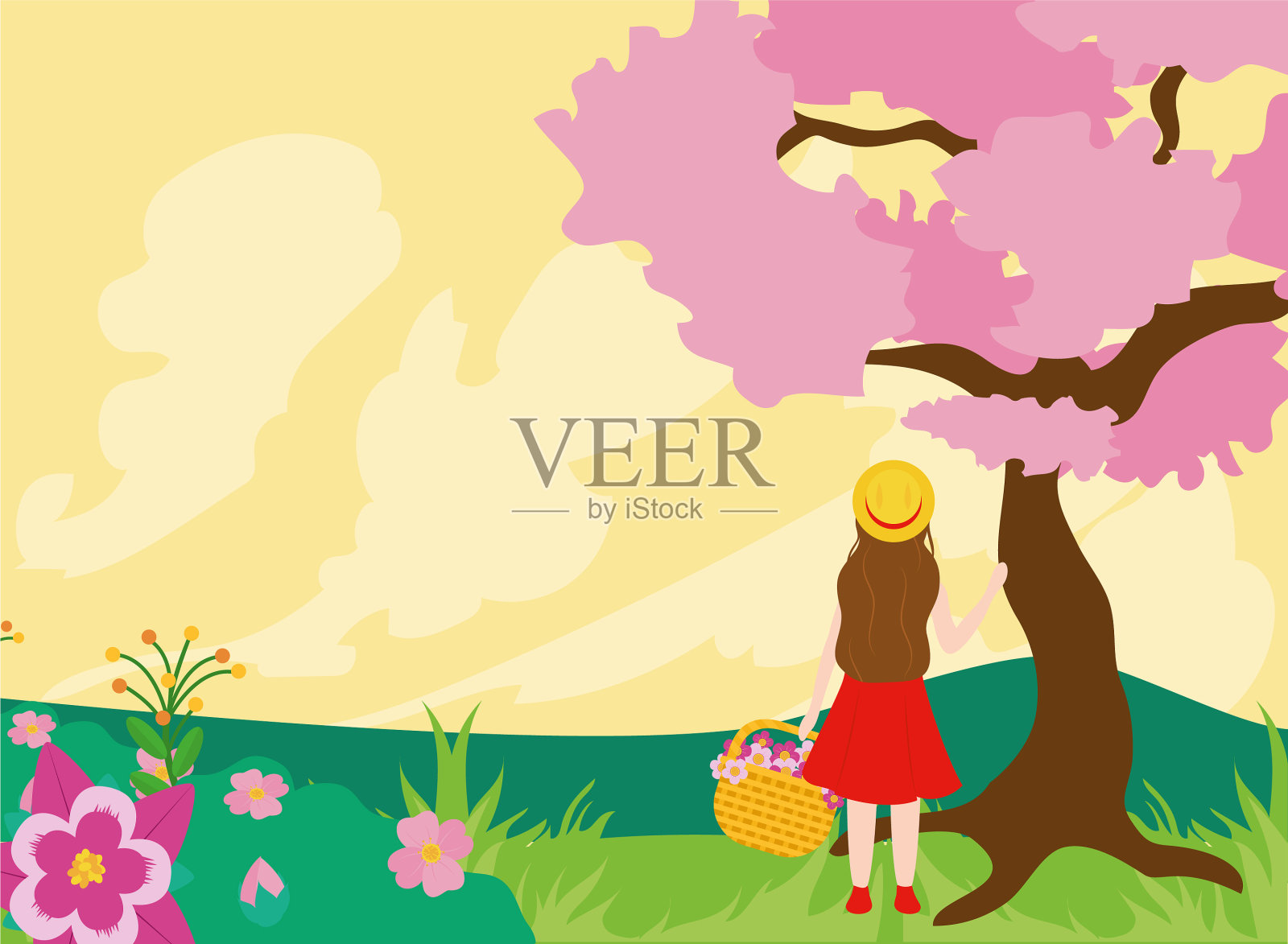 春日山水伴桃红树，姑娘伴春意插画图片素材