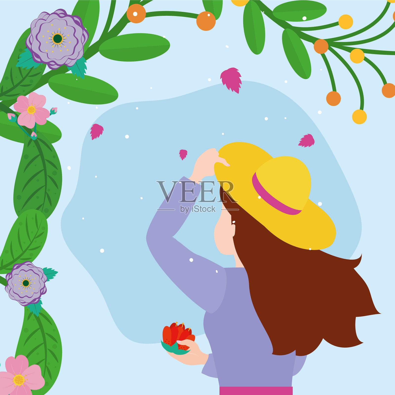 女孩与春天的花朵和叶子图案插画图片素材