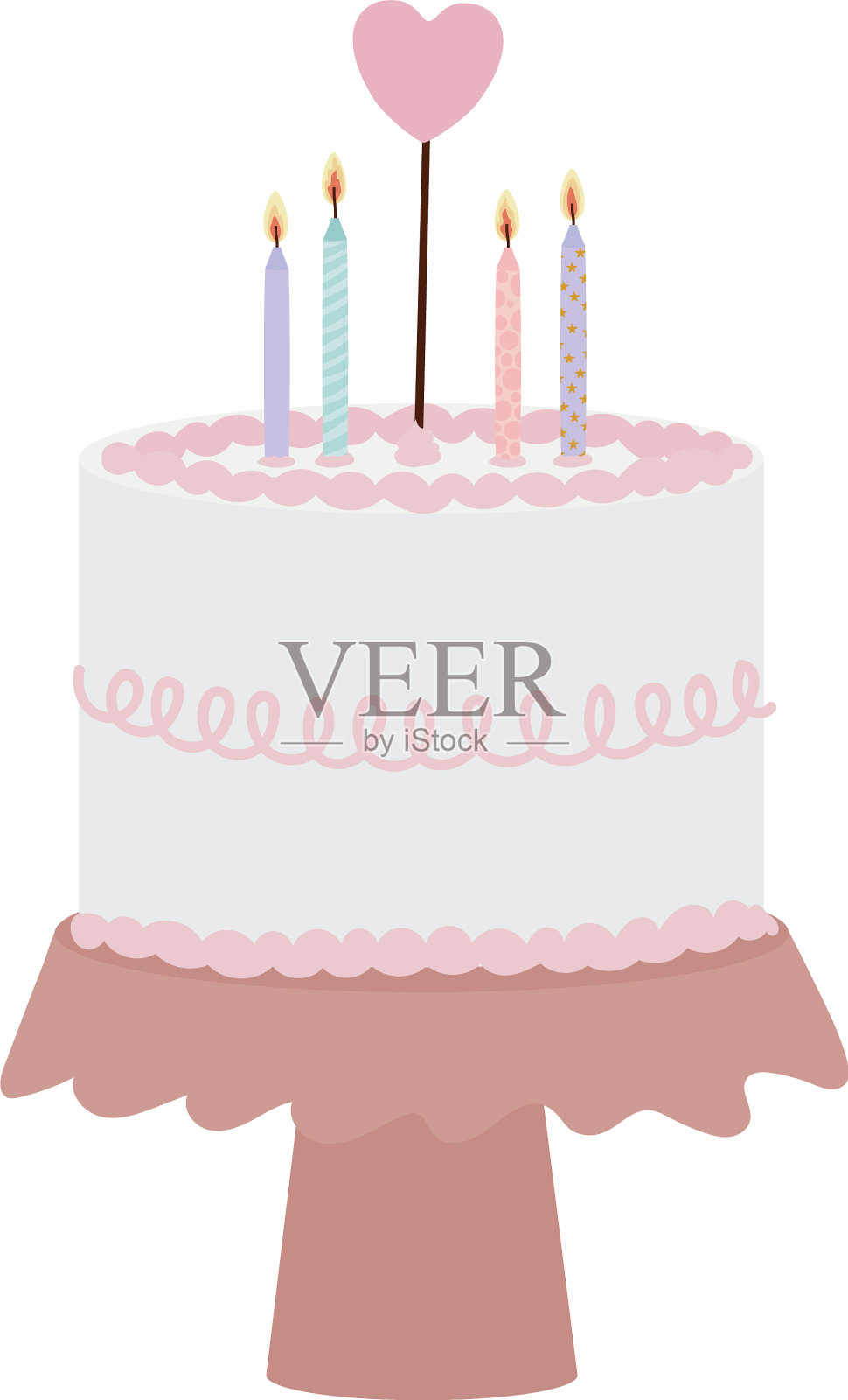 有蜡烛的生日蛋糕和一个心形的插画图片素材