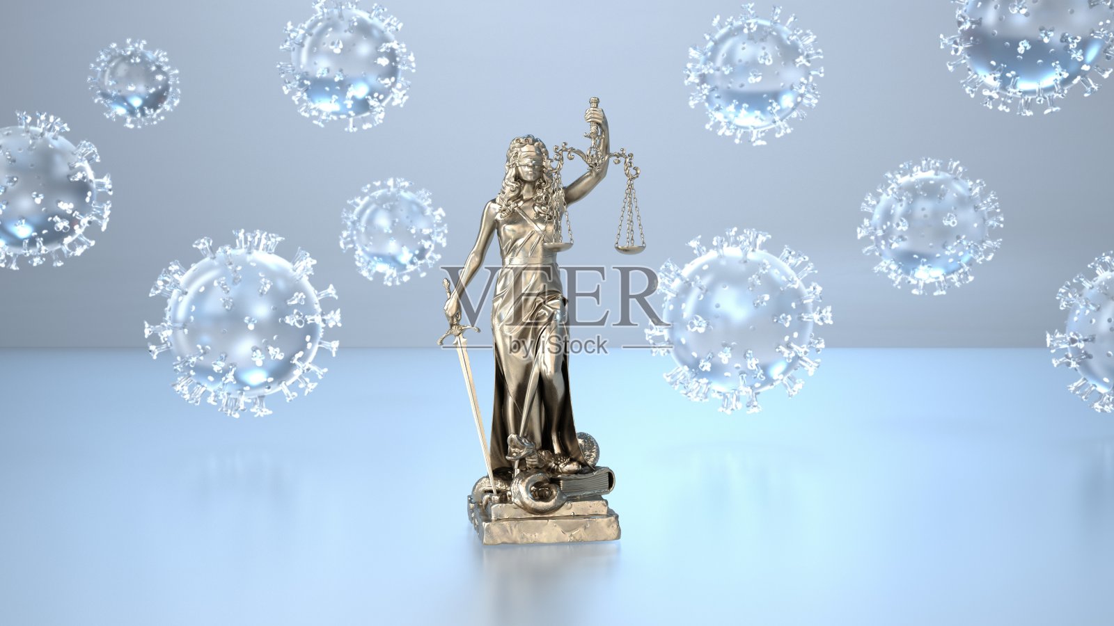 正义女神像与冠状病毒照片摄影图片